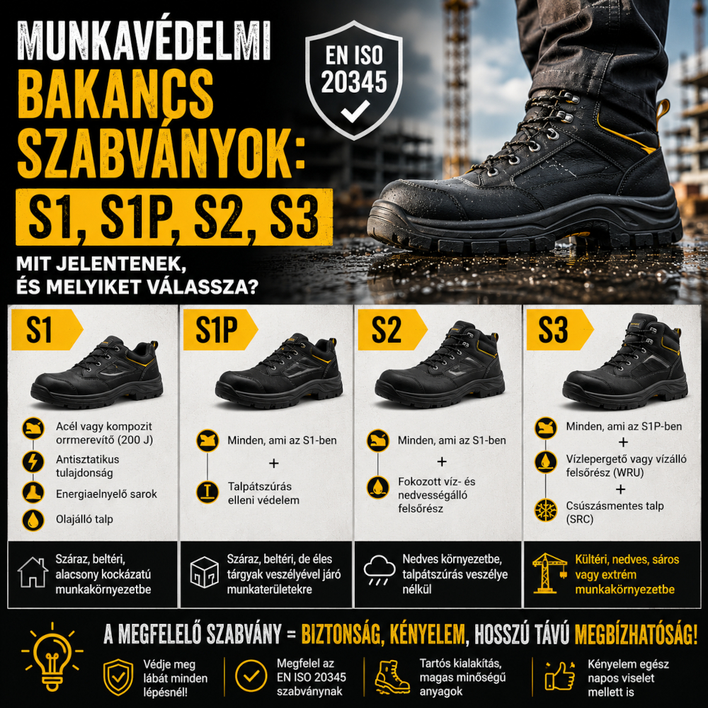 Munkavédelmi bakancs szabványok: S1, S1P, S2, S3 – mit jelentenek, és melyiket válassza?